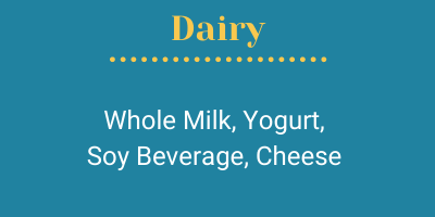 Dairy; Whole Milk, Yogurt,  Soy Beverage, Cheese