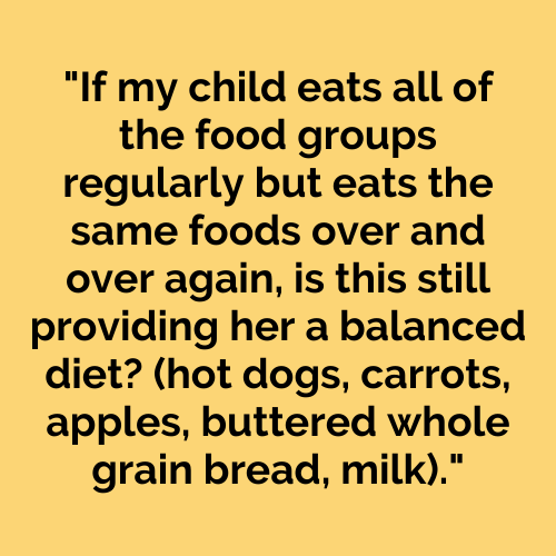 If my child eats all of the food groups regularly but eats the same foods over and over again, is this still providing her a balanced diet? (hot dogs, carrots, apples, buttered whole grain bread, milk).