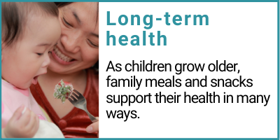 Long-term health As children grow older, family meals and snacks support their health in many ways.